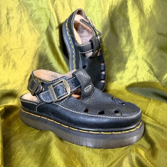 Vintage Dr. Martens Black Leather Platform Fisherman Sandals Made In England - Picture 1 of 10